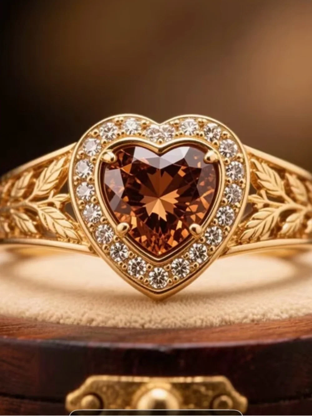 Gold Heart Ring with Brown Center Stone and Clear Accent Stones